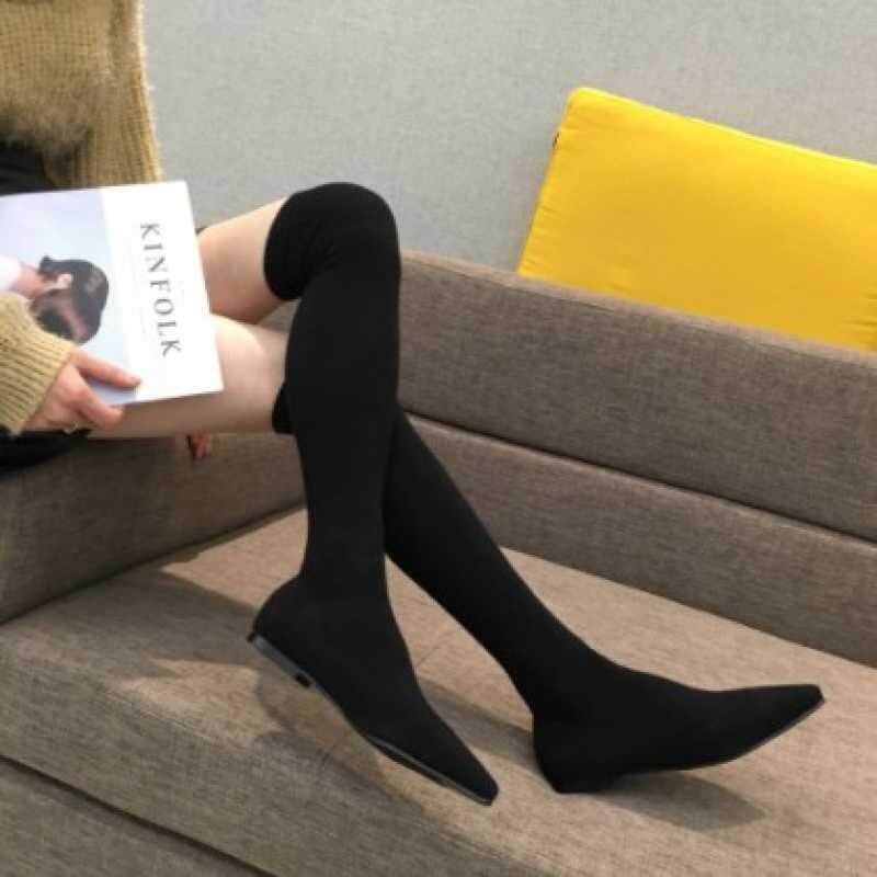 FALL WINTER 2024 NEW FLAT SOCK BOOTS POINTED-TOE BOOTS WOMENS SHOES OVER-THE-KNEE STRETCH BLOCK HEEL WOMENS BOOTS