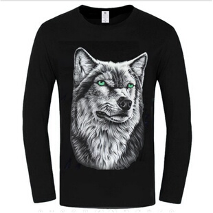 秋装3D个性绿眼狼头潮牌新款宽松大码男士全棉休闲长袖T恤打底衫