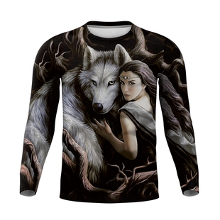 夏秋男士3D立体冰丝长袖美女狼头动物宽松大码潮牌个性高弹打底衫