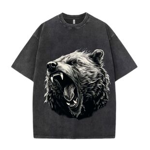 夏季美式复古做旧水洗时尚3D个性咆哮熊宽松大码100%纯棉短袖T恤