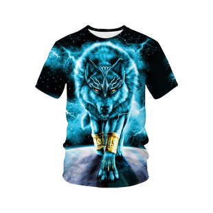 夏3D立体动物狼头透气高弹宽松加大码欧美潮牌冰丝个性短袖t恤男