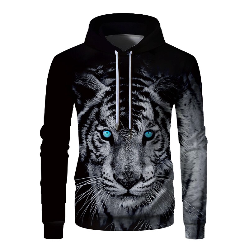 春秋3d立体蓝眼老虎个性潮宽松大码男士休闲长袖连帽卫衣外套衬衫