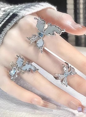 雾霾蓝蝴蝶蛇玫瑰镂空开口气质镶钻小众轻奢高级感指环戒指