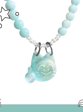 淡绿玉石磨砂珠拼接 猫猫特工 叛逆朋克项炼