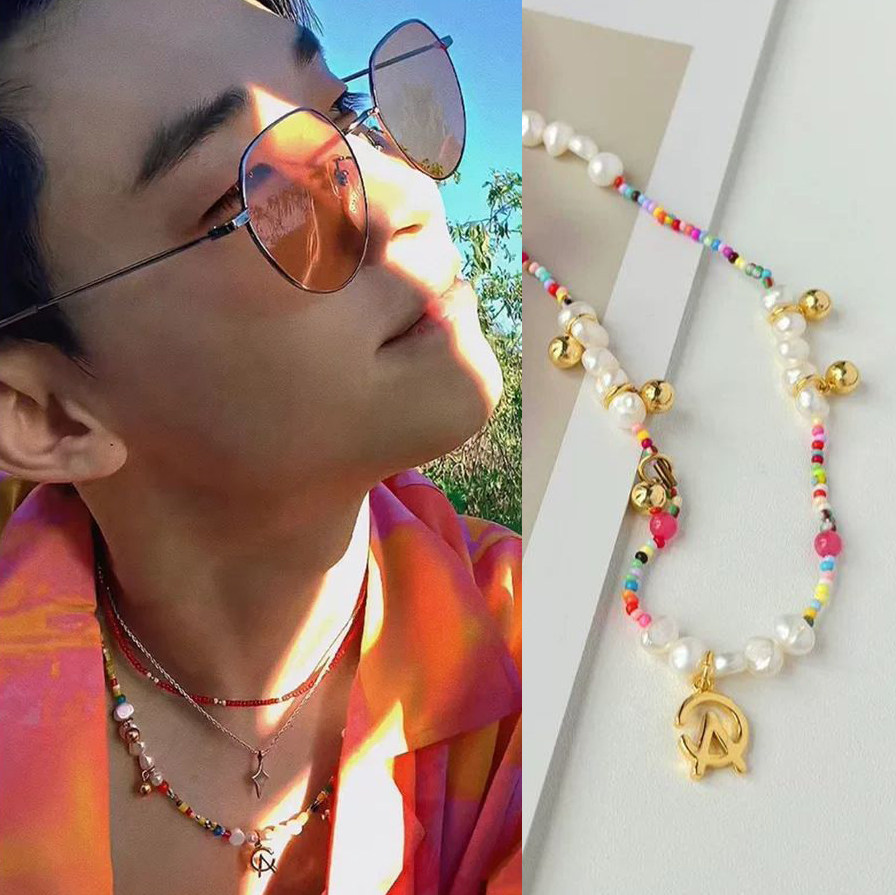 明星同款彩色串珠仿珍珠项链男女夏轻奢情侣新款锁骨链
