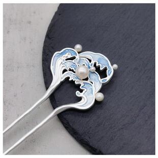 原创设计浪花法琅雾霾蓝高级感发钗簪子新中式古风气质汉服配饰女