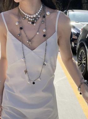 新款小众《黑加仑叶》贝壳珍珠项炼套装叠戴多层黑白百搭