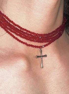 蓝项炼多层一体式y2k辣妹十字架钛钢ins项炼choker小众设计冷淡风