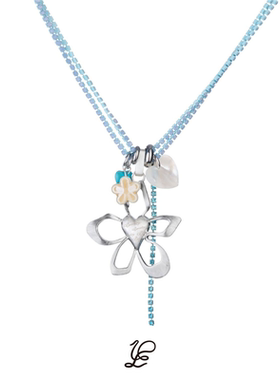 VERB蓝色钻链镂空花朵贝壳爱心项链