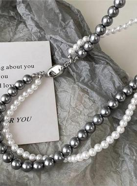 灰白双色双层叠戴珍珠项链女轻奢气质毛衣链秋冬款锁骨链配饰百搭