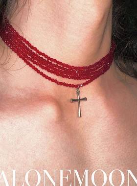原创红项链多层一体式十字架钛钢项链choker