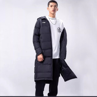 李宁2024秋冬男款长款保暖棉服防风连帽过膝简约百搭加厚训练服男