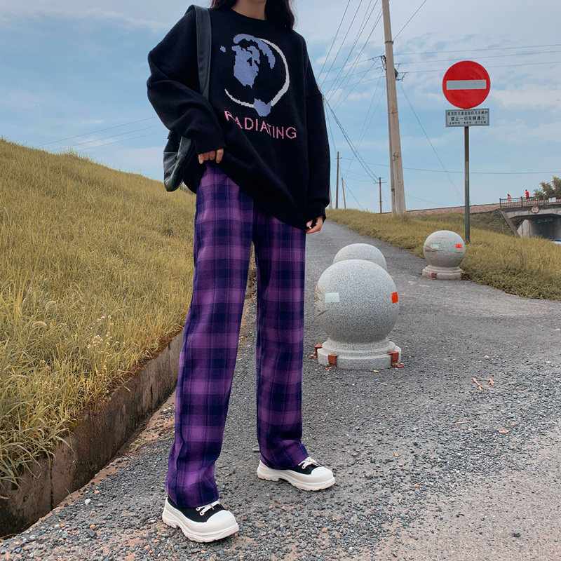 紫色格子裤女2020秋季新款宽松直筒高腰垂感显瘦阔腿休闲拖地长裤