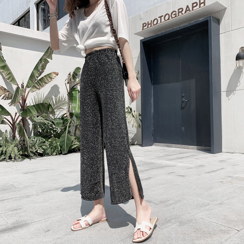 亮片阔腿裤女夏2020新款高腰垂感宽松直筒开叉坠感小个子春秋裤子