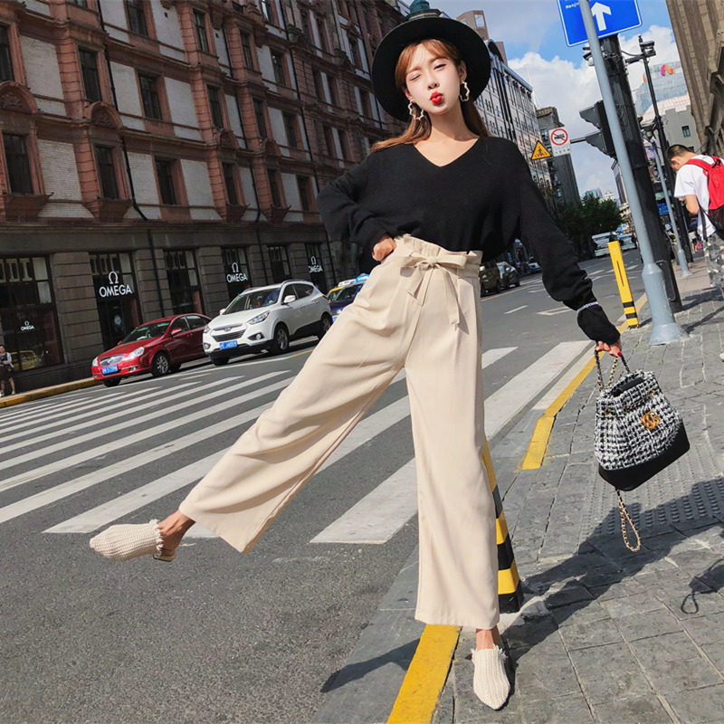 阔腿裤女夏季2020新款垂感高腰宽松坠感西装米色直筒显瘦花苞裤子