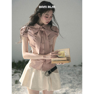 蜜粉 女早春泡泡袖 心事 衬衫 显瘦上衣 %蝴蝶结法式 AOMALM少也眼