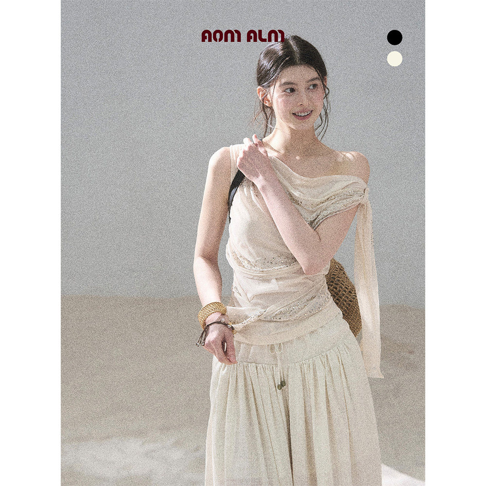 AOMALM少也眼"风揉碎的星光"%纯欲露肩闪钻T恤女夏季无袖收腰上衣