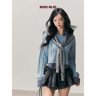 %假两件美式 蓝 羊毛毛衣女冬polo领格子上衣 悬坠 AOMALM少也眼