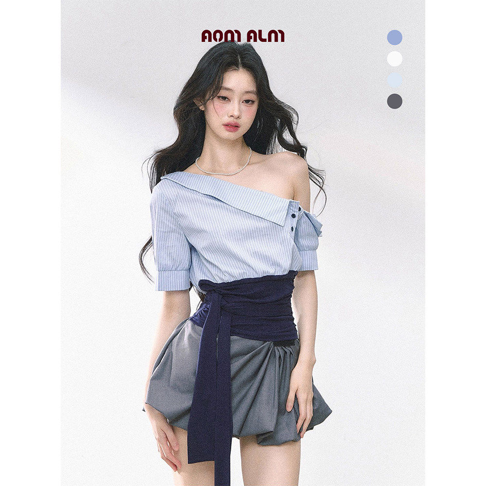 AOMALM少也眼"悉尼学姐"%法式短袖斜肩条纹T恤女夏季通勤衬衫上衣,女装/女士精品,T恤,淘宝优惠券,粉丝福利购,淘宝优惠卷