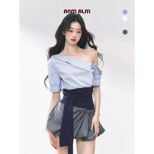 悉尼学姐 通勤衬衫 %法式 斜肩条纹T恤女夏季 上衣 短袖 AOMALM少也眼