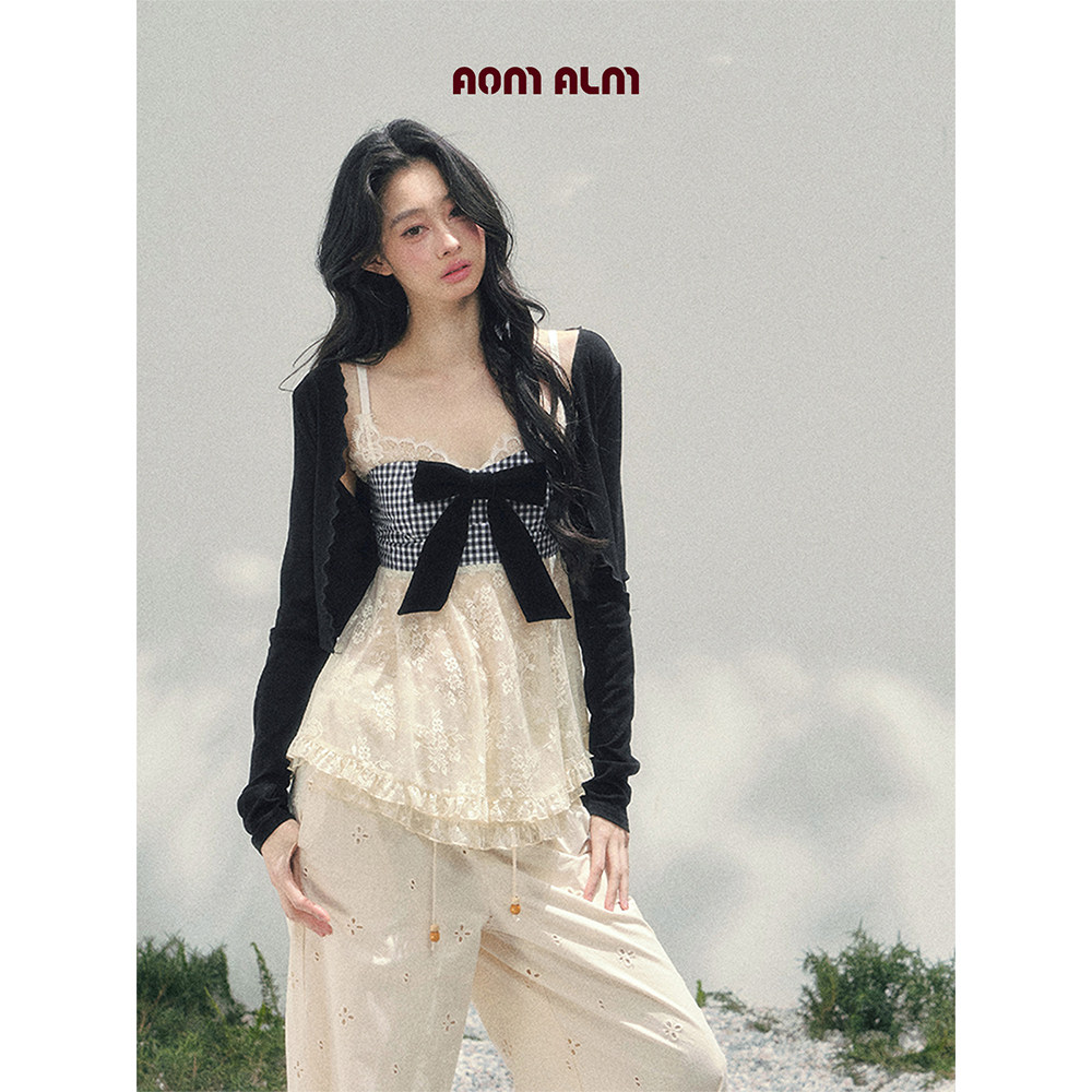 AOMALM少也眼"她途经花开"%蝴蝶结蕾丝格子T恤女春纯欲上衣两件套