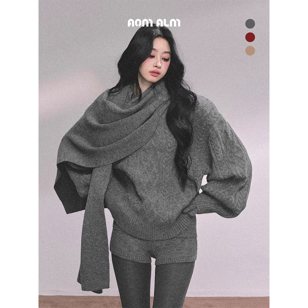 AOMALM少也眼"苏黎留学生"%#韩系套装女冬麻花毛衣围巾短裤三件套