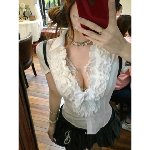南理香纯白箴言%法式 女夏收腰显瘦V领白色防晒上衣 短袖 蕾丝衬衫