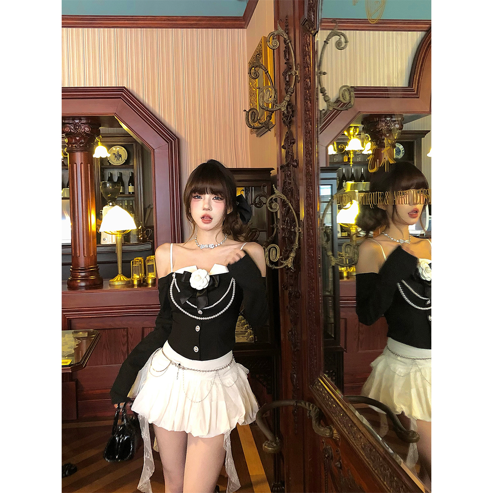 贝洛莉莉#一字肩高级感长袖法式T恤女夏季收腰显瘦黑色上衣