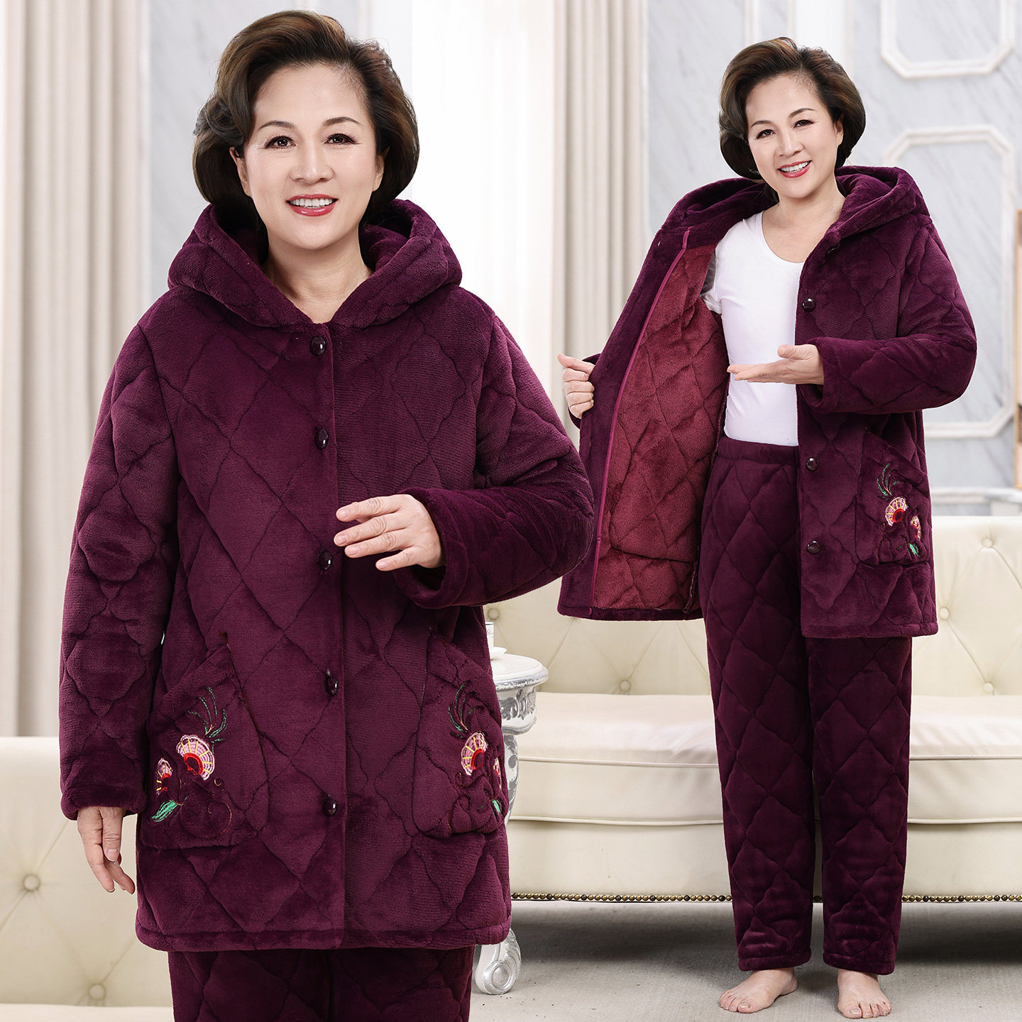 冬季中老年妈妈睡衣女老人棉袄保暖家居服中长款加厚加绒夹棉套装