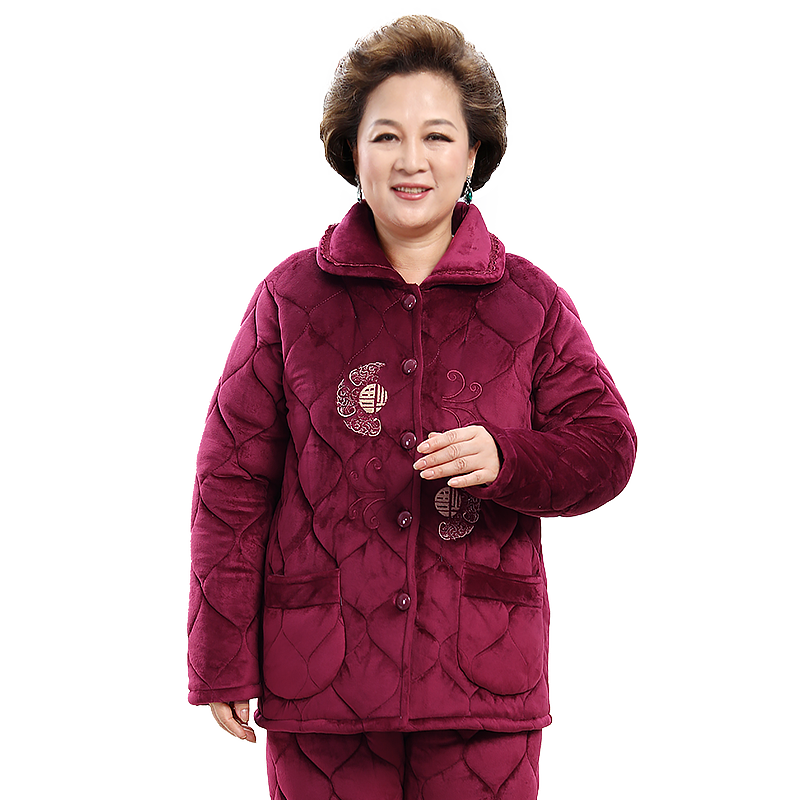 冬季中老年人牛奶绒睡衣女夹棉加绒加厚保暖妈妈奶奶装居家服长袖