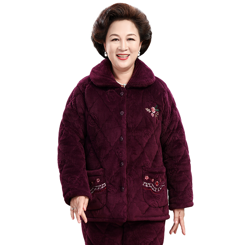 冬季中老年人睡衣女法兰绒加厚三层夹棉妈妈睡衣珊瑚绒保暖家居服