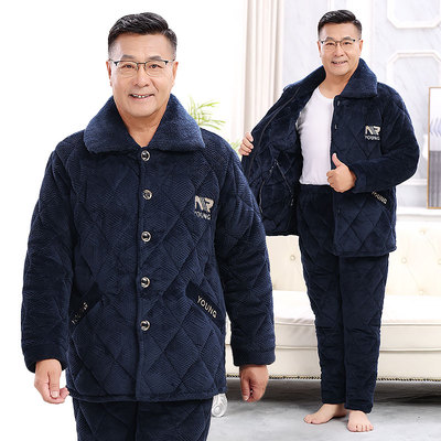 冬季法兰绒夹棉中老年人睡衣