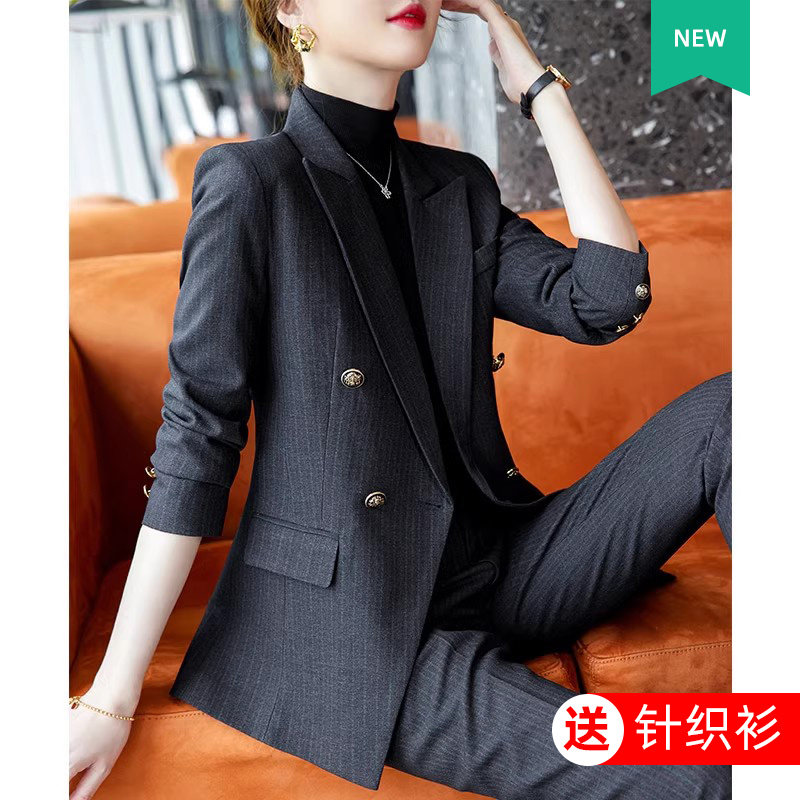 小西装外套女条纹正装工作服高级感经理面试黑色西服美容职业套装