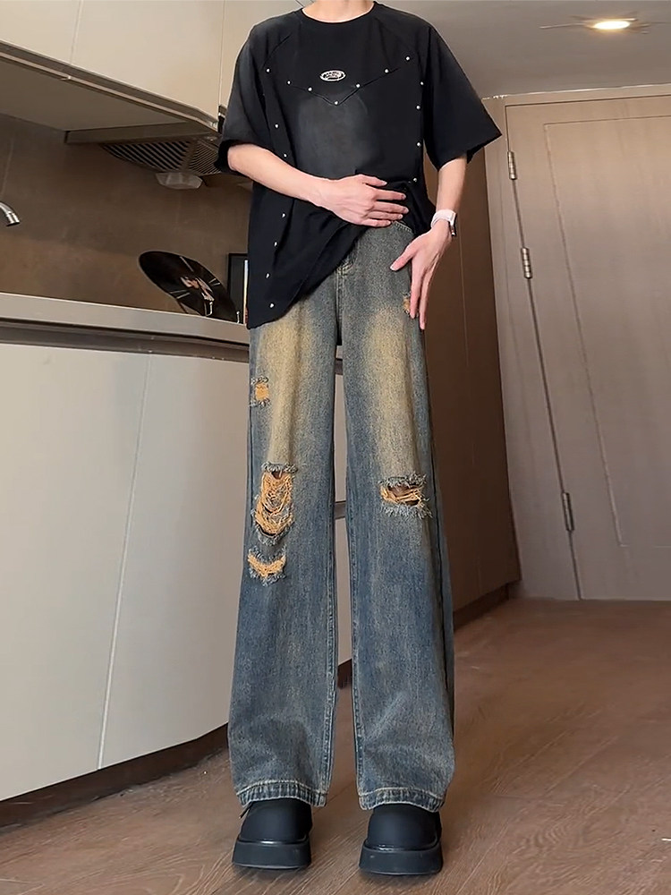 复古蓝高个子破洞牛仔裤男款夏季美式高街vibe裤子提档直筒微喇裤