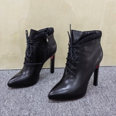 38码 靴潮 尖头细跟短靴女高跟系带侧拉链百搭时装 断码 清仓处理秋季