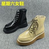 圆头坡跟系带漆皮百搭马丁靴时尚 新款 女短靴潮 撤柜清仓秋冬季 正品