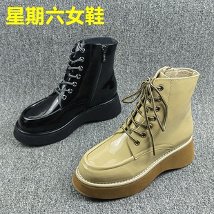 撤柜秋冬季新款圆头坡跟系带漆皮百搭马丁靴时尚女短靴潮