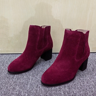 3435码 新款 切尔西短靴女粗跟套筒百搭瘦瘦靴时装 靴 清仓处理秋冬季