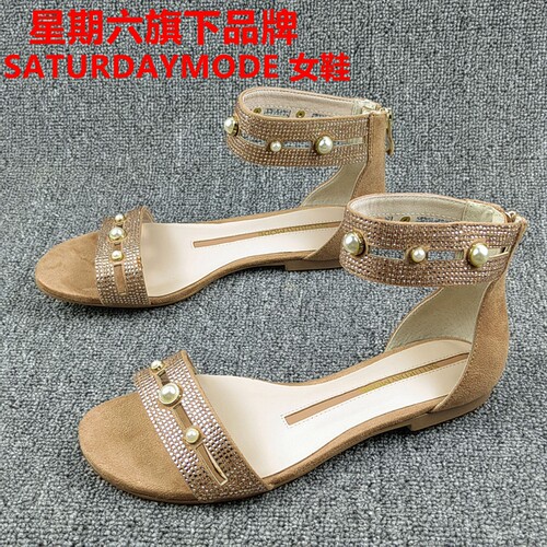 商场品牌断码撤柜女鞋夏季露趾后拉链时尚水钻低跟百搭时装女凉鞋