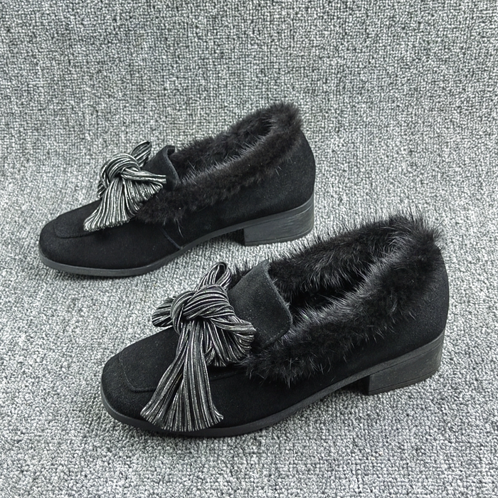 3539码毛毛鞋女冬季外穿蝴蝶结乐福鞋一脚蹬豆豆鞋加绒保暖棉鞋潮