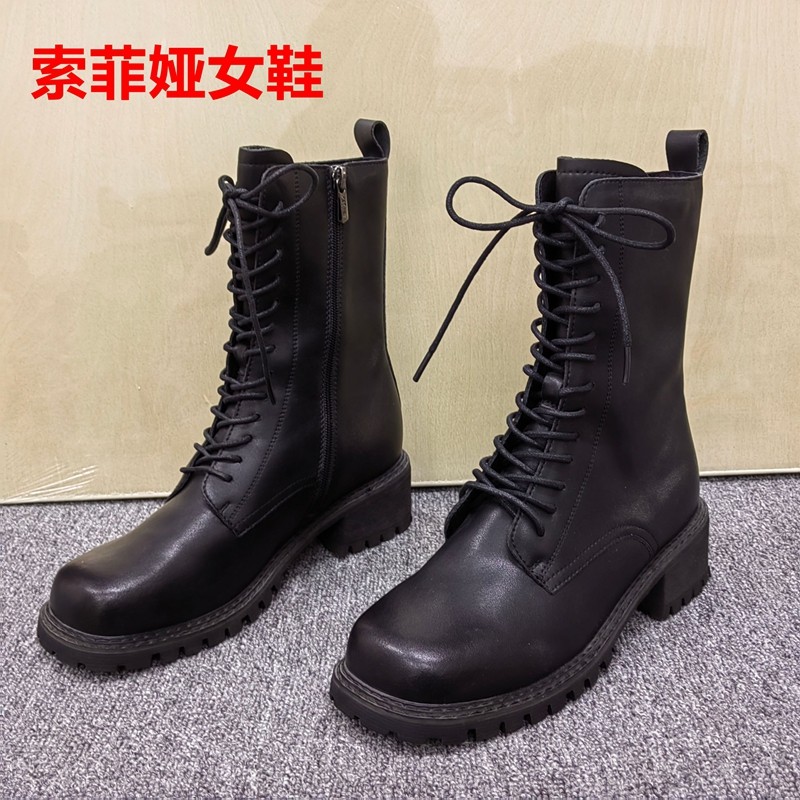 索菲娅39码清仓处理女靴黑色系带粗跟中筒马丁靴显瘦时尚切尔西靴,女鞋,切尔西靴,淘宝优惠券,粉丝福利购,淘宝优惠卷