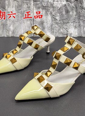 35码品牌瑕疵处理铆钉尖头高跟凉鞋女夏季真皮后空细跟时装鞋性感