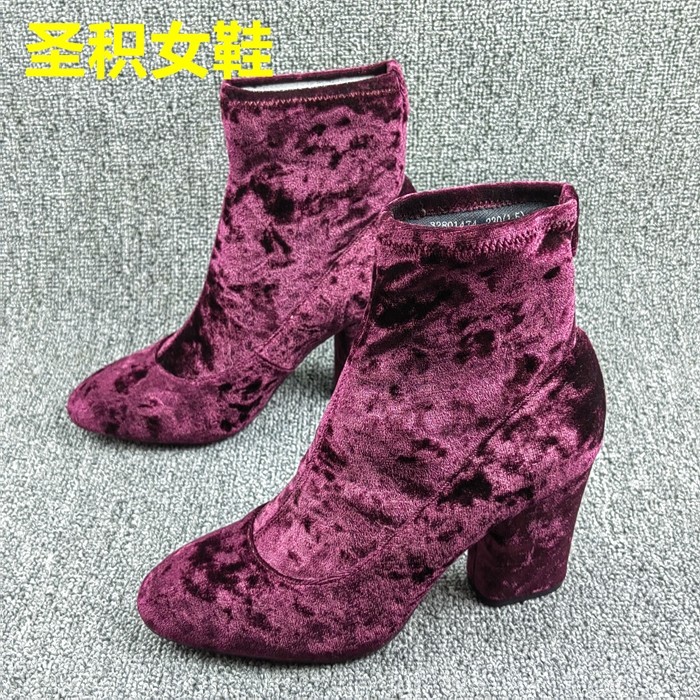 SAINT JACK正品撤柜断码处理秋季新款圆头粗跟绒面套筒百搭时装靴