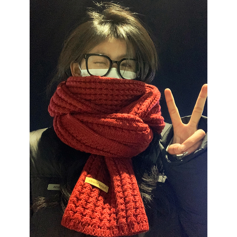 韩国东大门粗针织毛线围巾女2024新款冬季高级感红色百搭保暖围脖