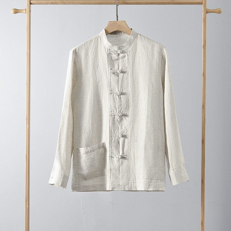 2025春亚麻男装 国风亚麻衬衫宽松型 复古盘扣中式立领长袖E009,男装,衬衫,淘宝优惠券,粉丝福利购,淘宝优惠卷
