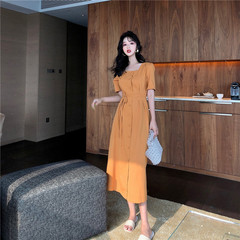 French niche square collar single breasted slim lace up dress