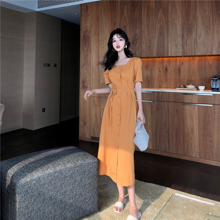 French niche square collar single breasted slim lace up dress