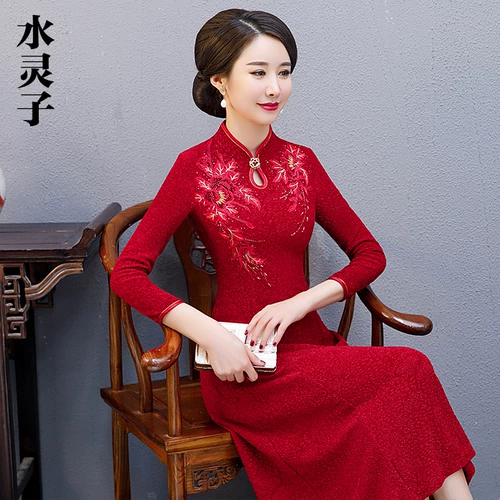 Длинное ципао, весенняя юбка, свадебное платье для мамы, вечернее платье, городской стиль, яркий броский стиль