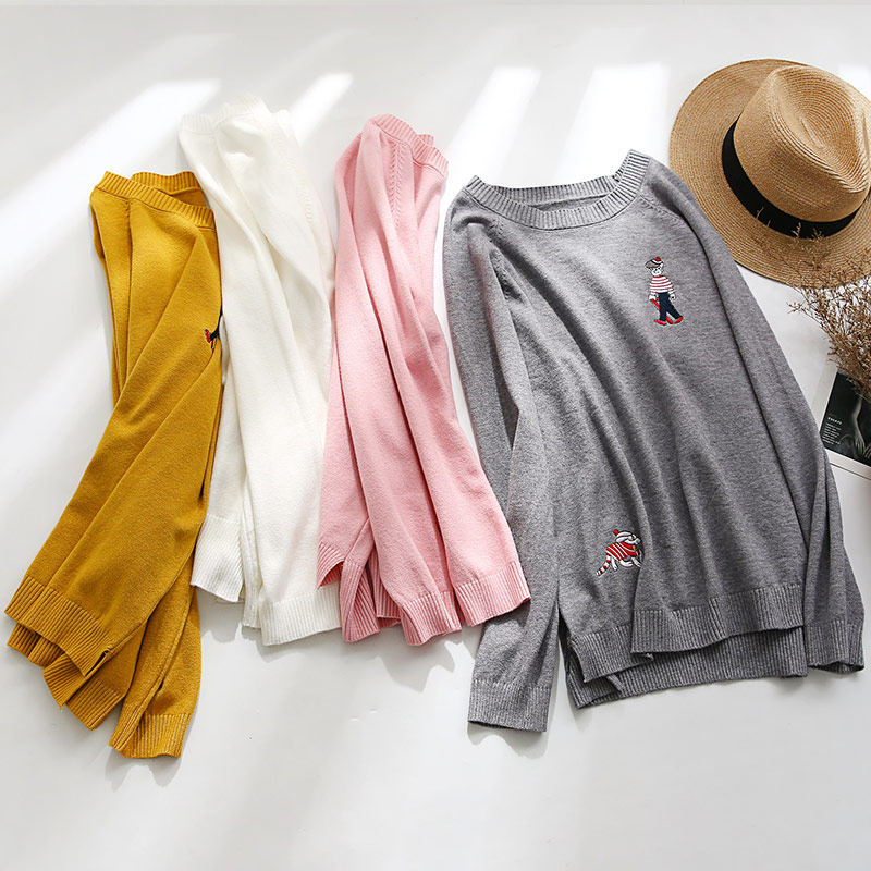 2020秋冬季新款宽松学生可爱刺绣图圆领套头毛衣女外穿针织衫显瘦|msdalam kategori Butik wanita / wanita, sweater - dari Buy2taobao.com untuk memberikan perkhidmatan ejen Taobao profesional membeli