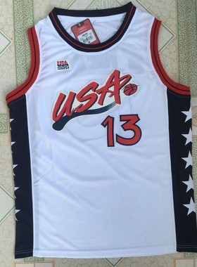 1996亚特兰大美国梦三沙奎尔·奥尼尔USA13号白色蓝色刺绣篮球服